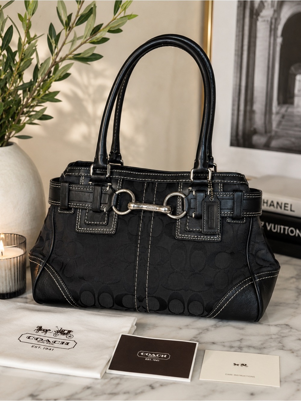 Y2k Coach Hamptons Signature Carryall Belted Tote Bla… - Gem